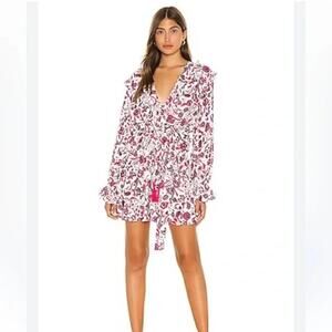 Alexis Kosma Long Sleeve V Neck Elastic Waist Mini Dress Berry Floral Pink M